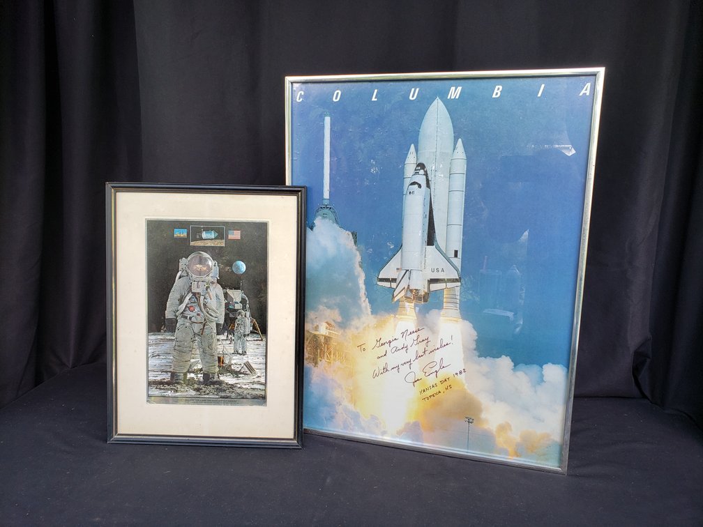 Framed Apollo 11 Foil Print and Signed Space Shuttle Poster
