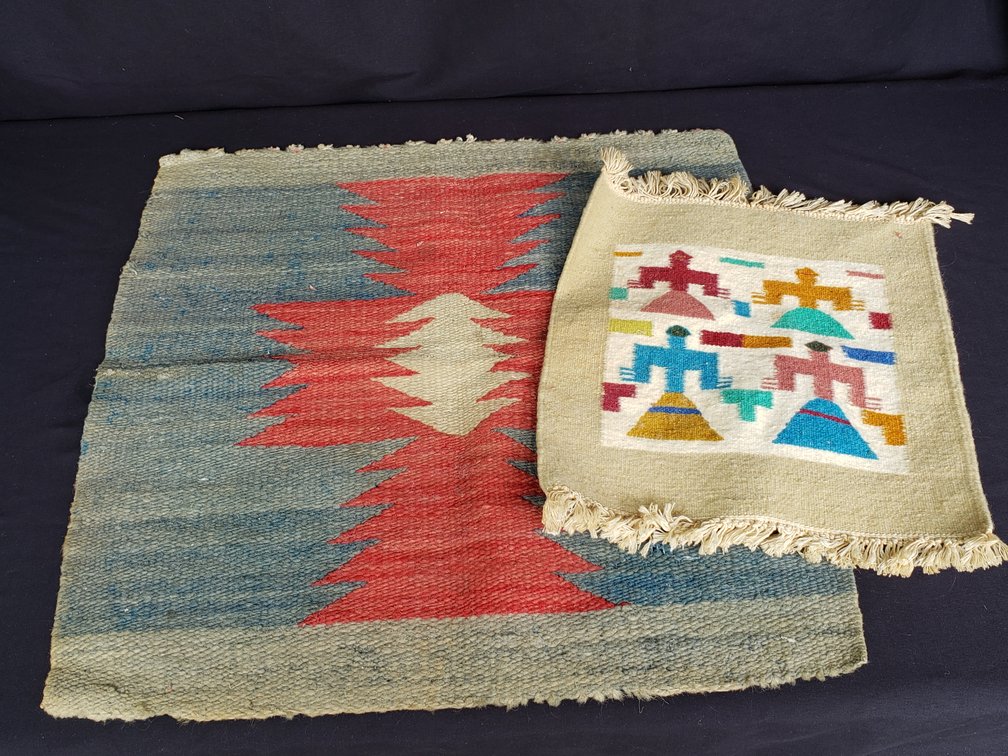 Native American Two Flat-Woven Textile Mats with Geometric Motifs