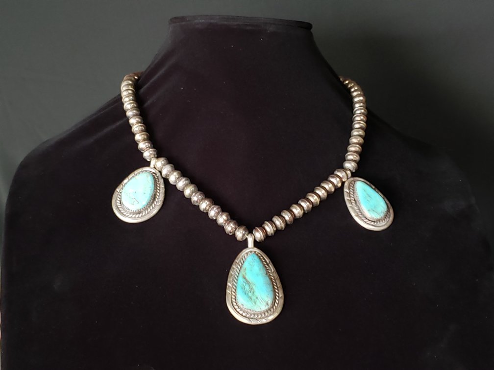 Turquoise and Silver-Tone Beaded Three-Pendant Necklace