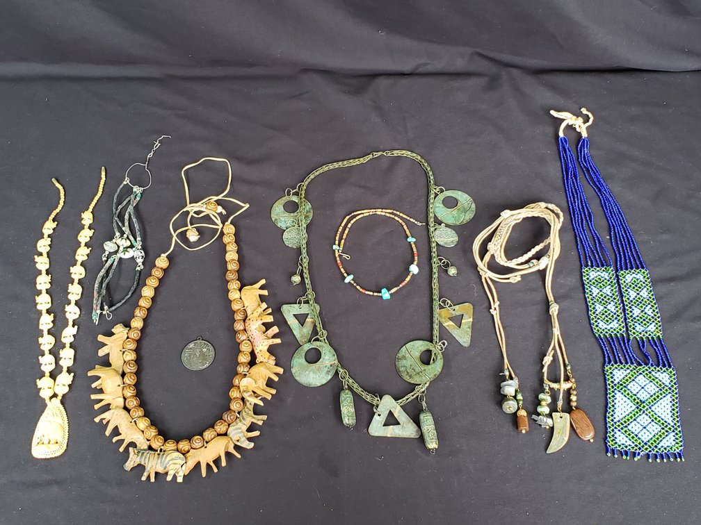 Beaded, Carved Wood, and Cord Necklaces with Medallion Pendant