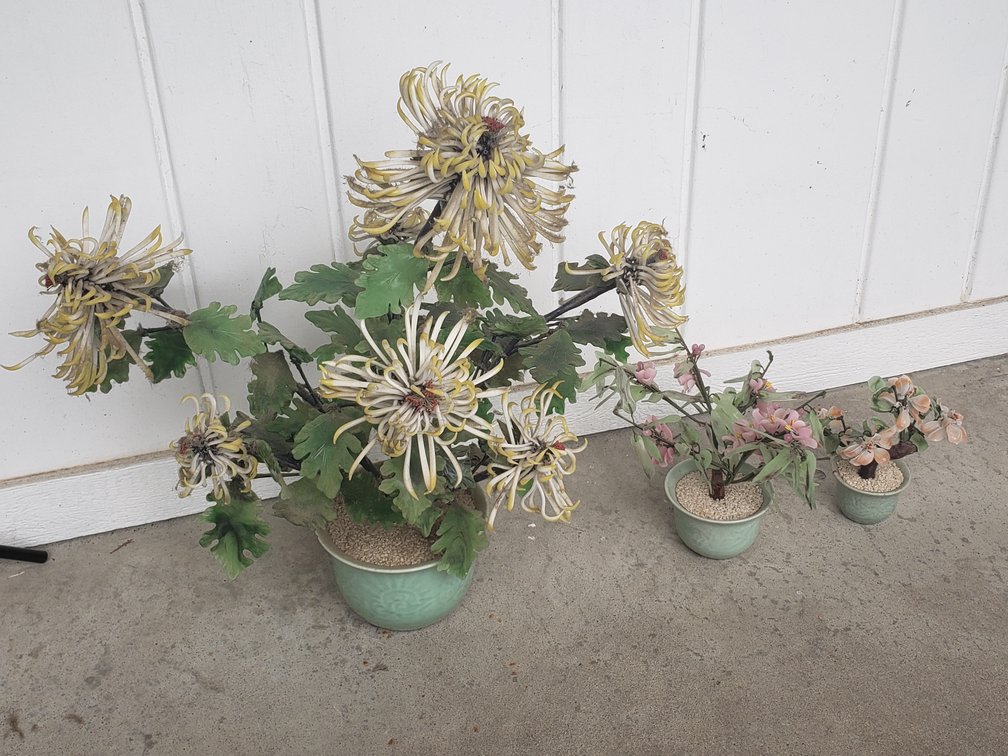 Carved Hardstone Floral Bonsai Trees in Celadon Pots