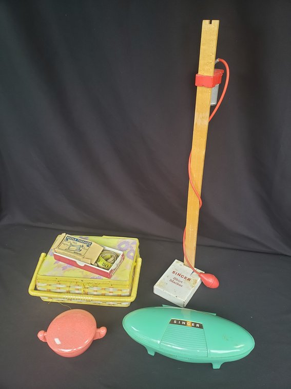 Singer Skirt Marker, Buttonholer, Sewing Basket, and Melmac Dish