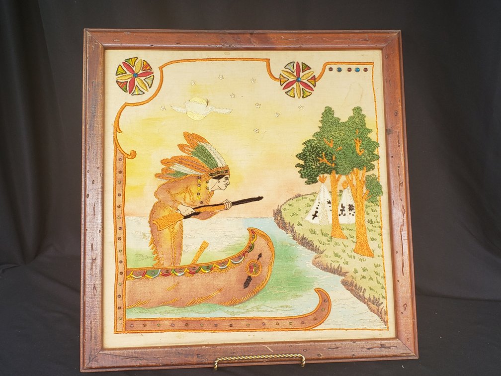 Framed Embroidered and Painted Textile Artwork