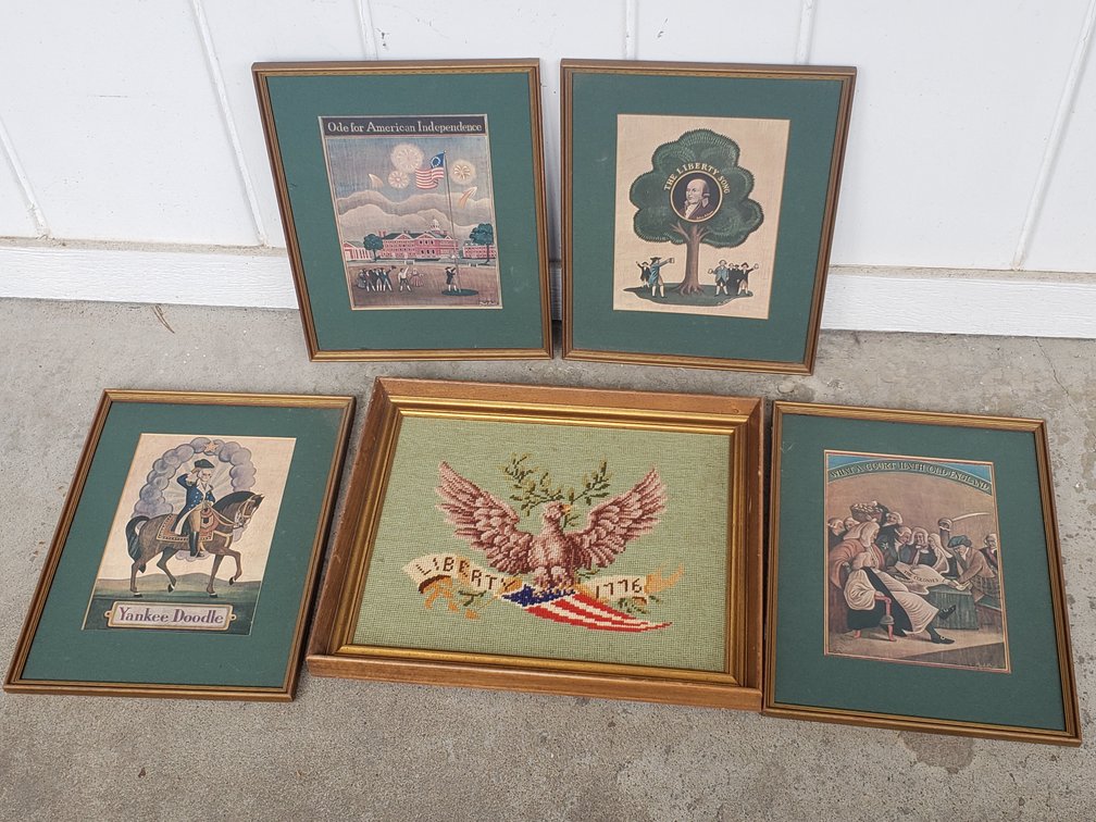 Framed American Patriotic Prints and Needlepoint