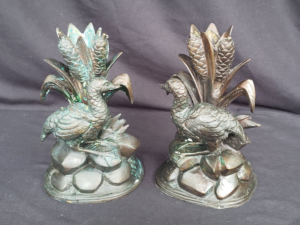 J. Moigniez Cast Metal Bird and Reed Sculptures