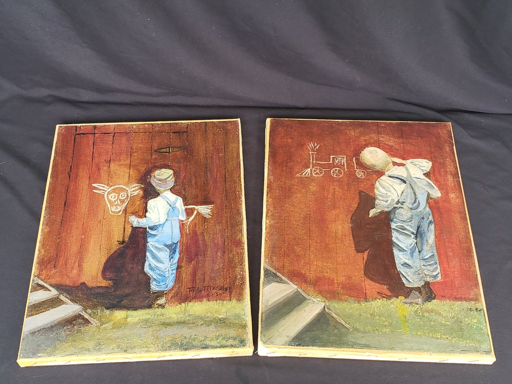 Pair of Folk Art Paintings on Canvas Boards