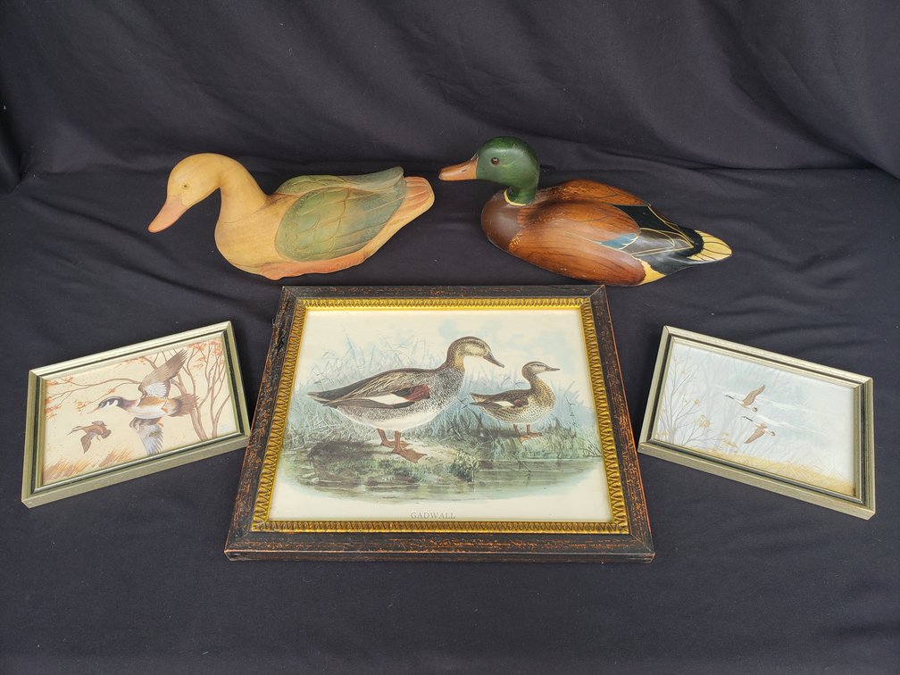Carved Wooden Duck Decoys and Framed Waterfowl Prints