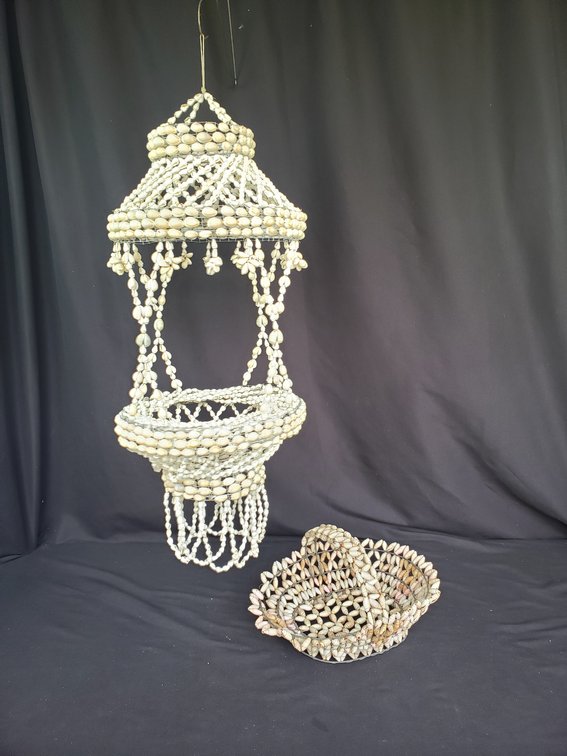 Hanging Cowrie Shell Planter and Seashell Wire Basket