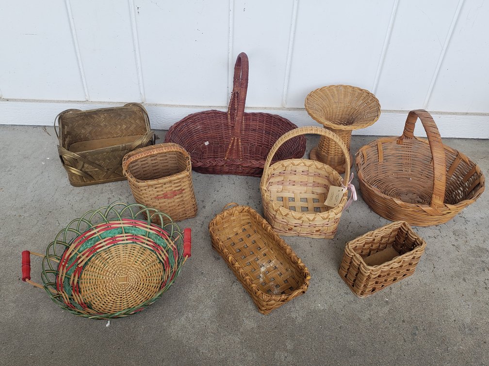 Woven Wicker and Wood Splint Baskets and Stand