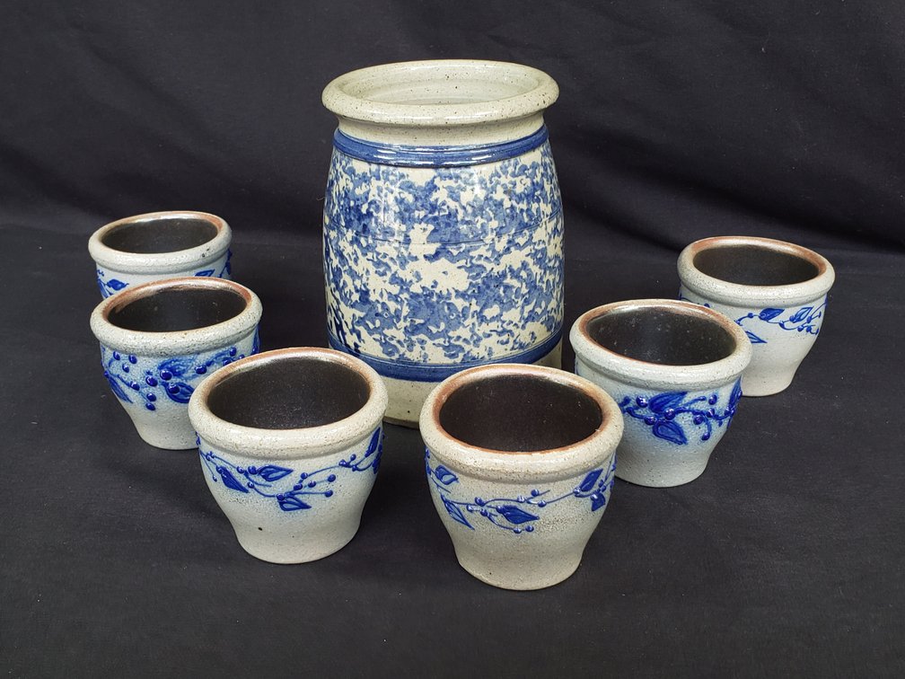 Salt-Glazed Stoneware Crock and Six Cups