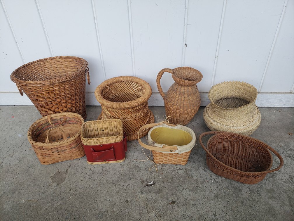 Wicker Baskets, Woven Pitcher, and Splint Vessels