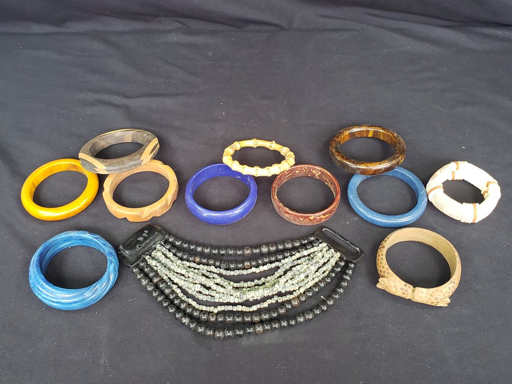 Carved Wood and Resin Bangle Bracelets and Beaded Necklace