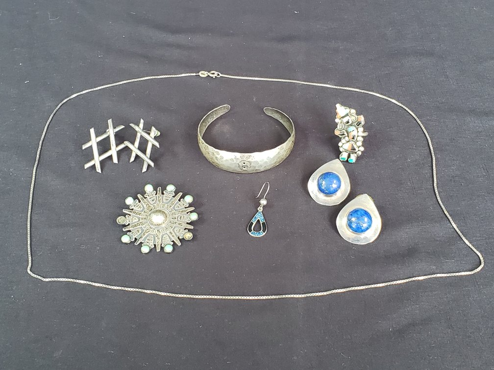 Sterling Silver Cuff Bracelet, Brooch, Earrings, and More