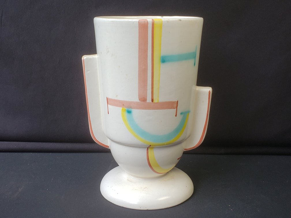 Art Deco Ceramic Footed Vase with Stepped Handles
