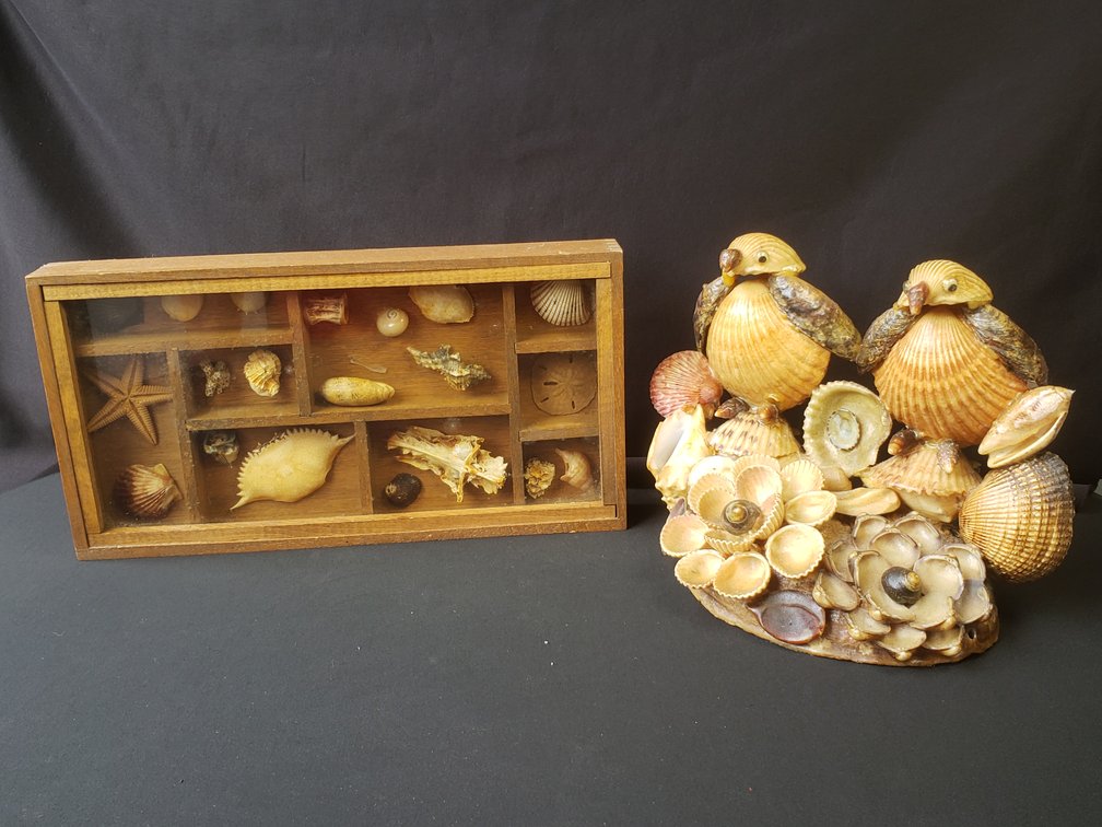 Seashell Shadow Box, Bird Sculpture, and Abalone Shell Bowl