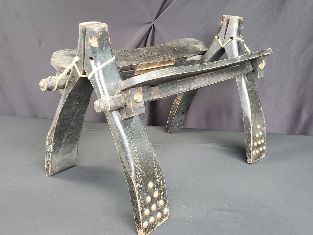 Wood Saddle Stool with Brass Studs