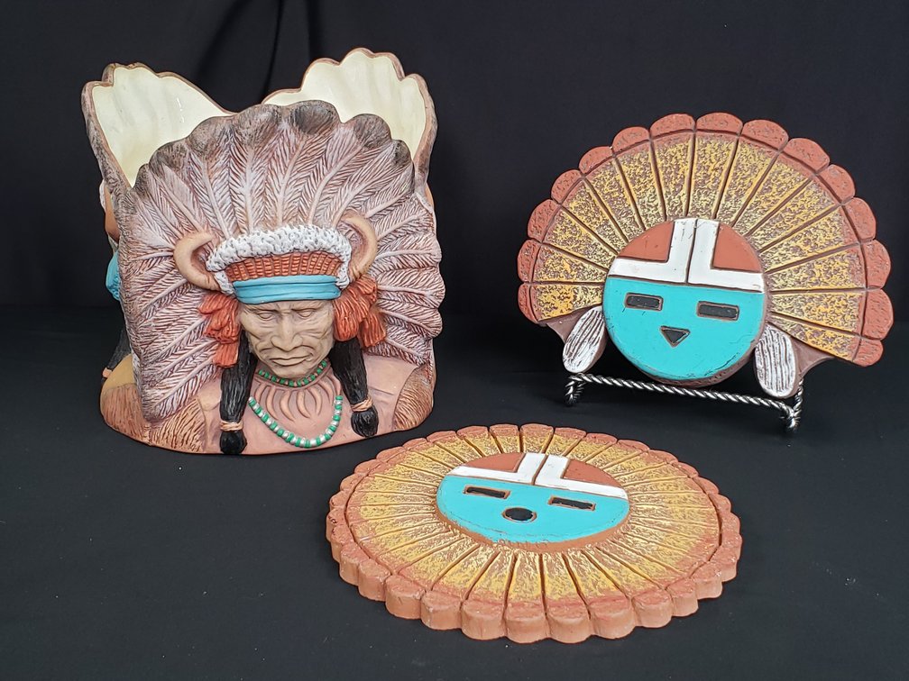Ceramic Sun Face Plaques and Native American Chief Planter