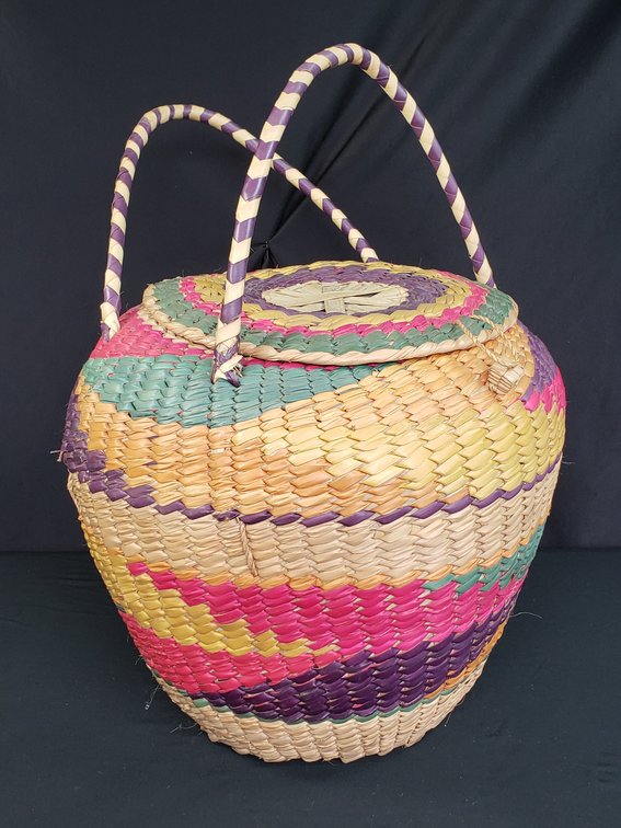 Multicolor Woven Fiber Lidded Basket with Arched Handles