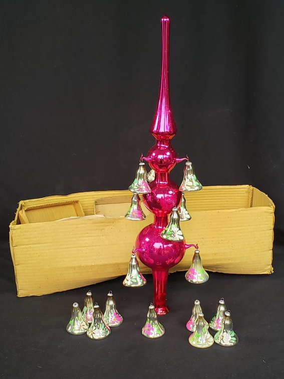 Vintage Magenta Blown Glass Tree Topper with Hanging Bell Ornaments