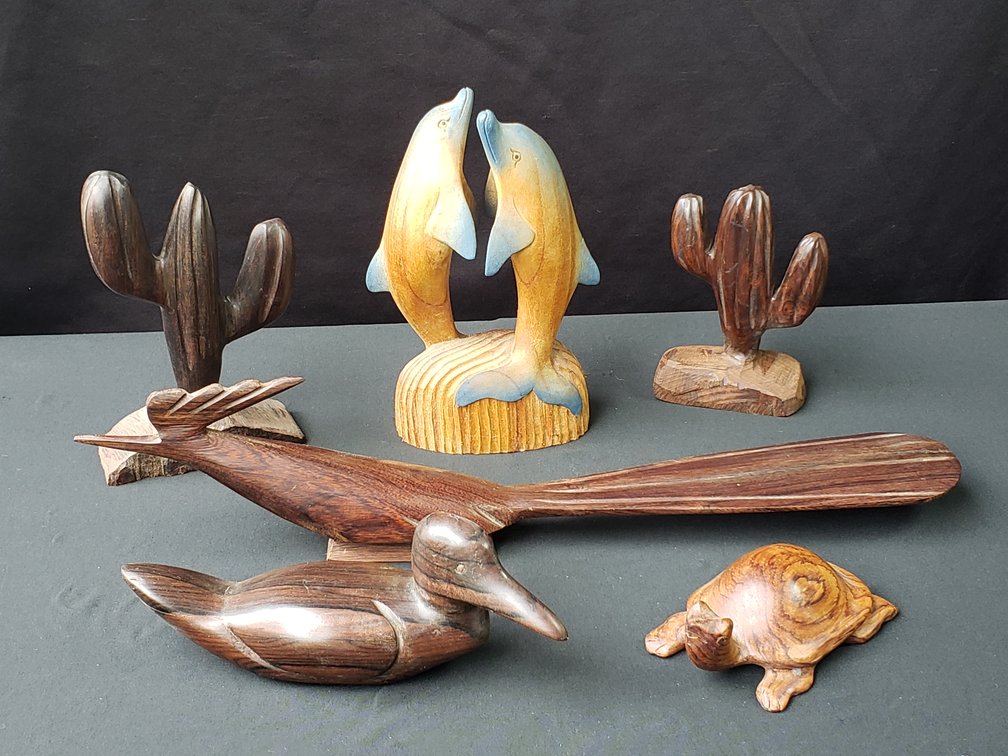 Carved Wood Cacti, Dolphins, Birds, and Turtle Figurines