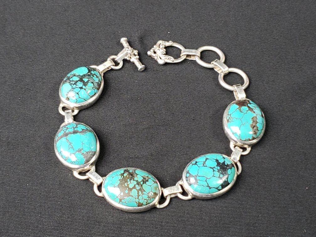 Sterling Silver and Turquoise Cabochon Link Bracelet