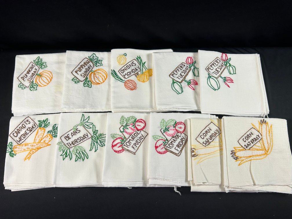 Embroidered Days of the Week Vegetable Tea Towels