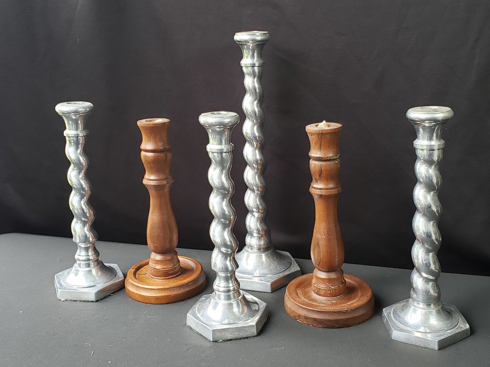 Barley-Twist Metal and Turned Wood Candlesticks