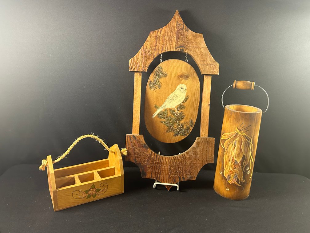 Painted Wooden Picture, Vase, & Box