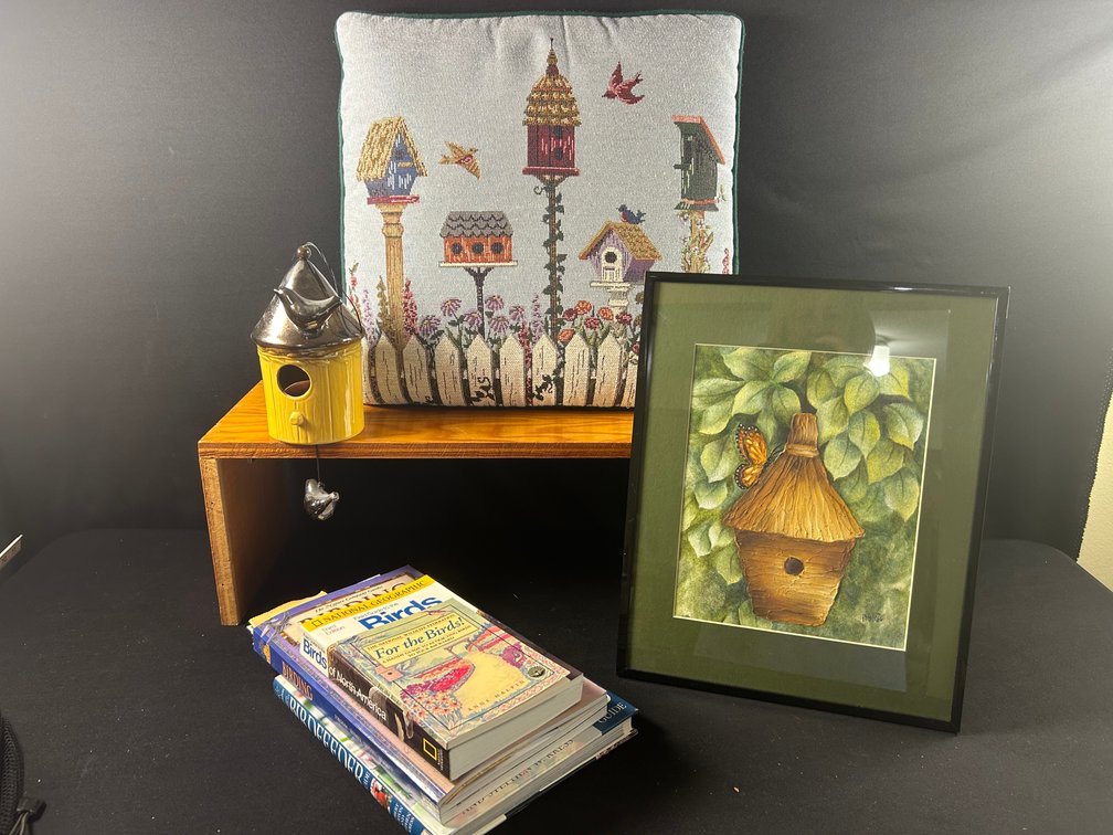 Bird House Pillow, Hanger, and Painting with Books