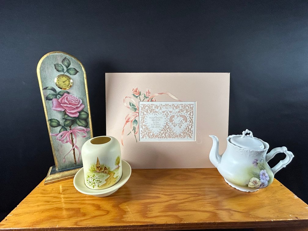 Painted Clock, Fairy Lamp, Teapot, & Paper Cut Picture