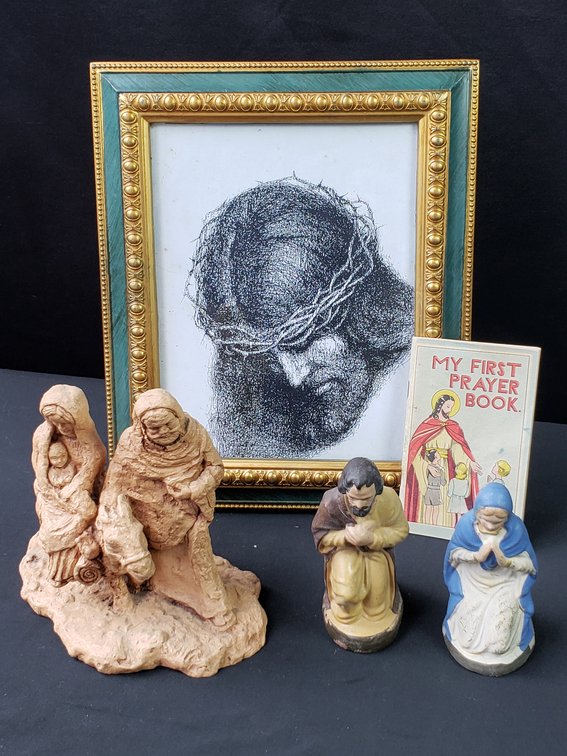 Religious Figurines, Framed Christ Print, and Prayer Book