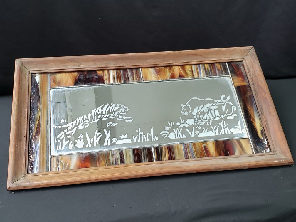 Framed Leaded Stained Glass and Etched Mirror Panel