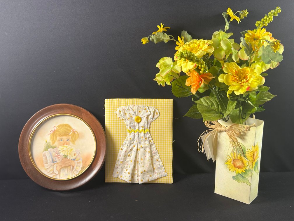 Hankie Dress Picture, Painting of Girl, & Floral Bouquet