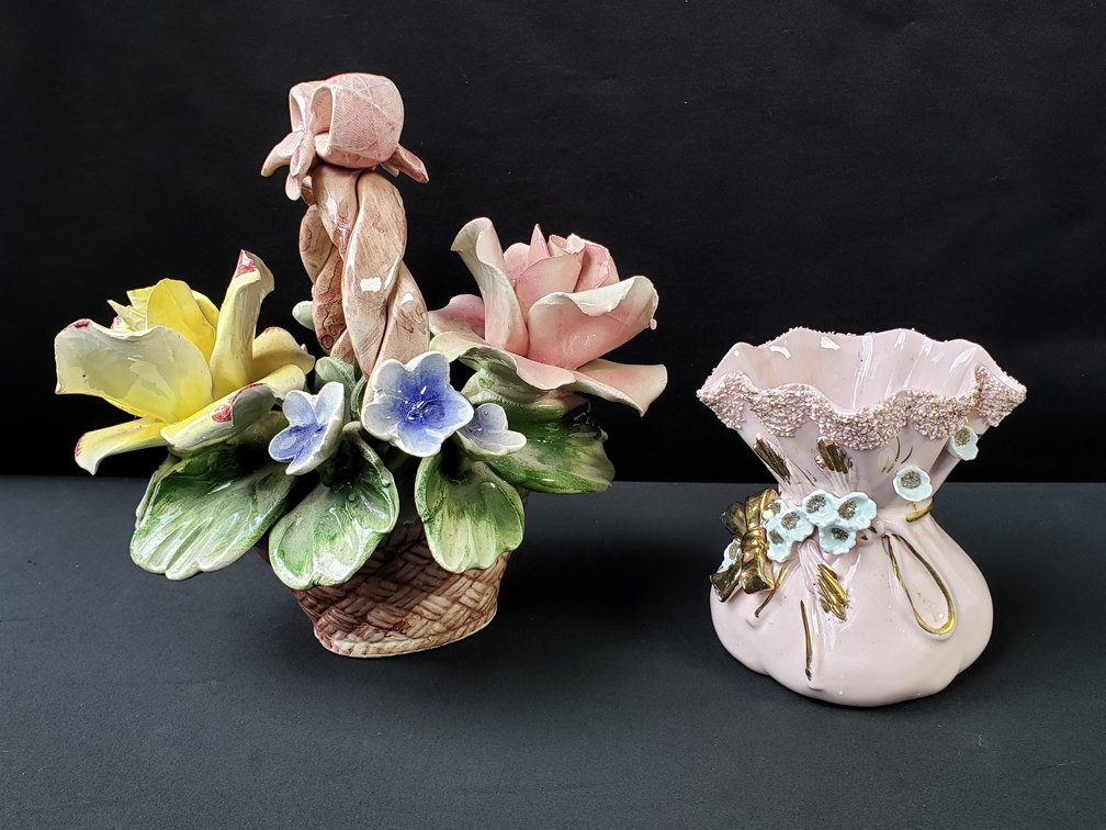 Ceramic Floral Basket and Pink Pouch-Form Vase