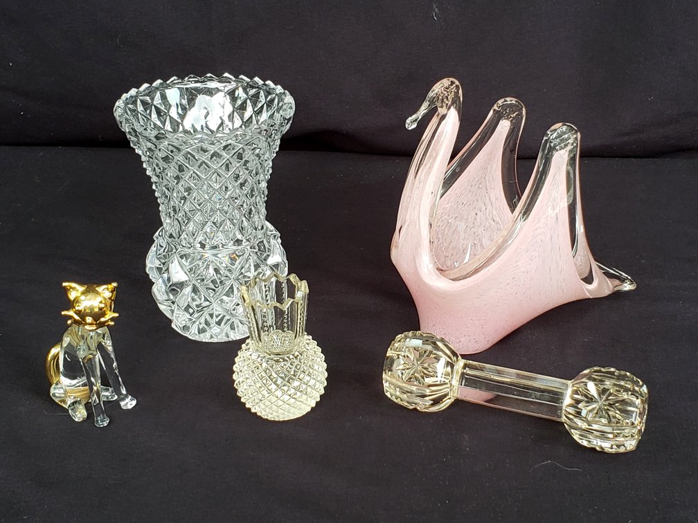 Cut Glass Vases, Art Glass Swan Dish, and Cat Figurine