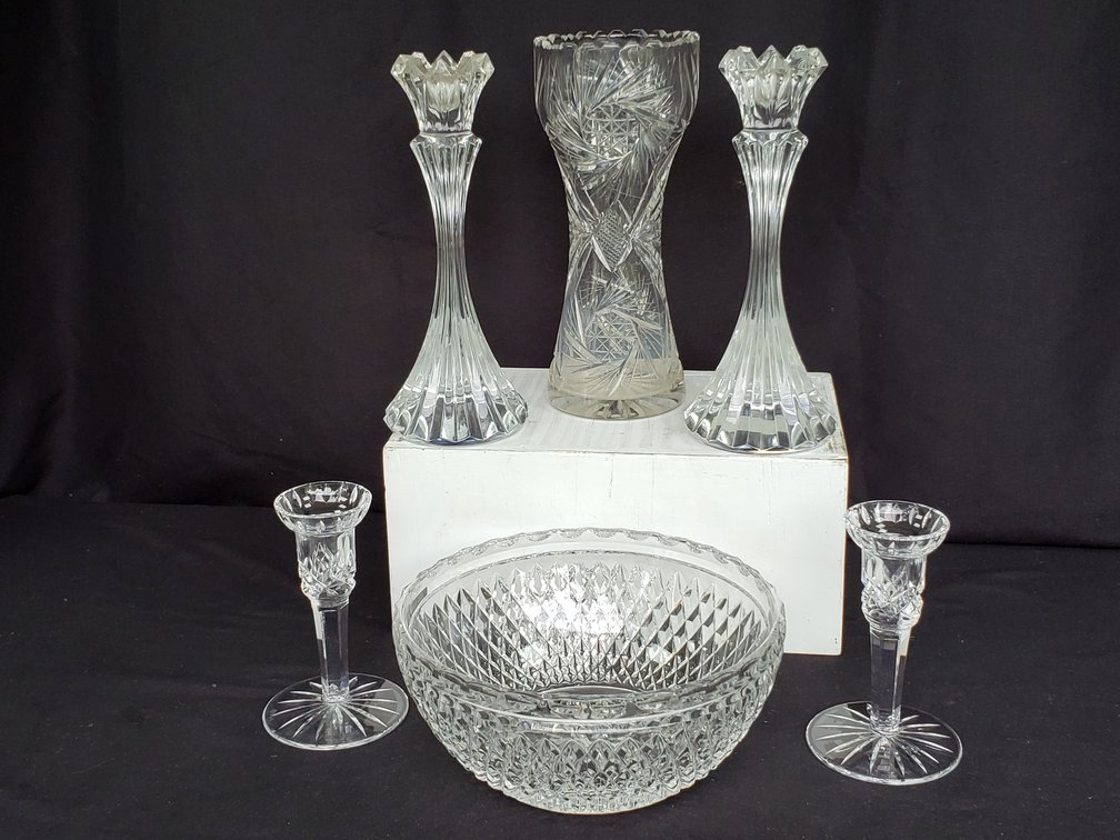 Cut Crystal Candlesticks, Bowl, and Vase