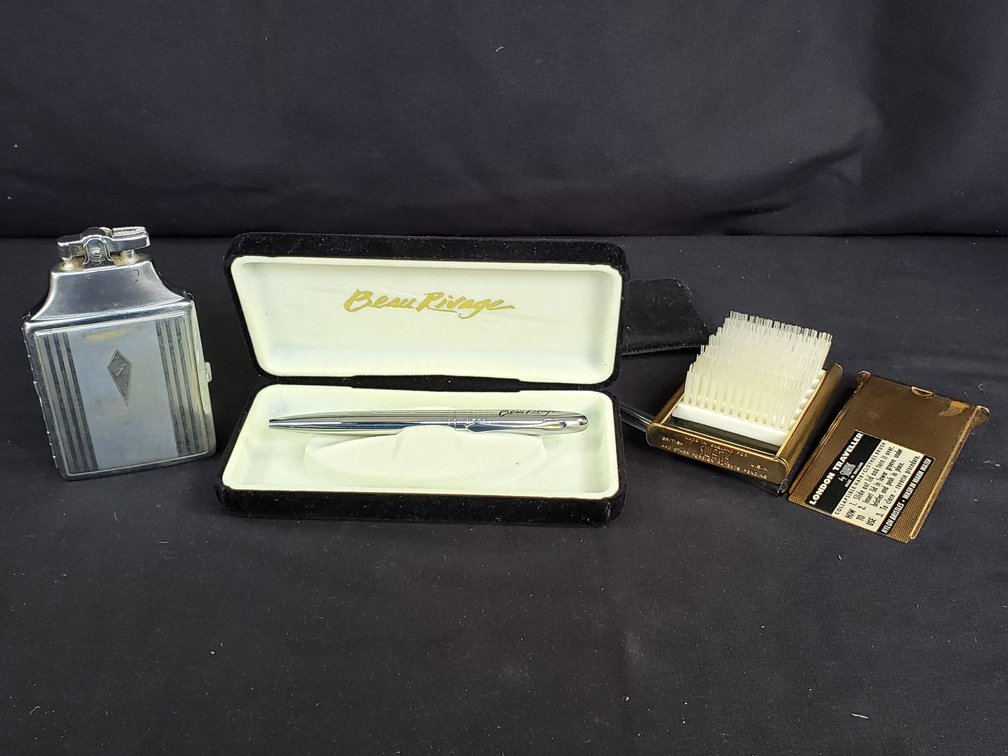 Ronson Cigarette Case Lighter, Beau Rivage Pen, and Travel Brush
