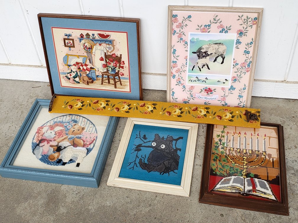 Framed Needlework Pictures and Floral Needlepoint Bell Pull