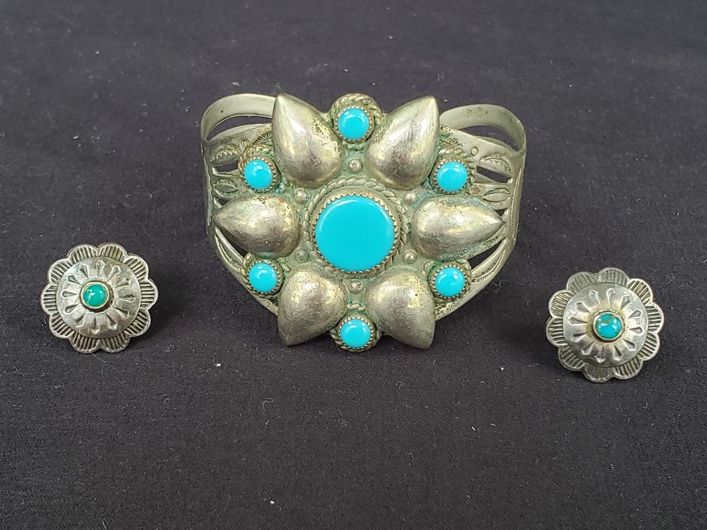 Nickel Silver Turquoise Cuff Bracelet and Concho Earrings