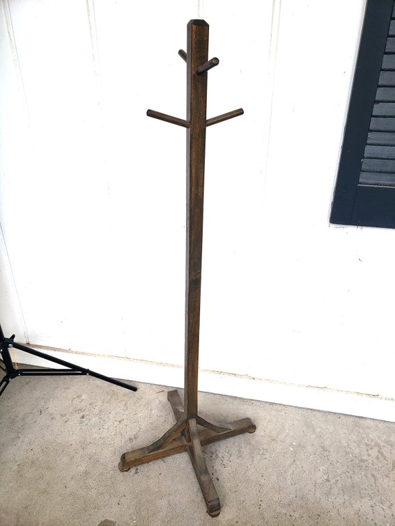 Dark Stained Wood Standing Coat Tree with Four Pegs