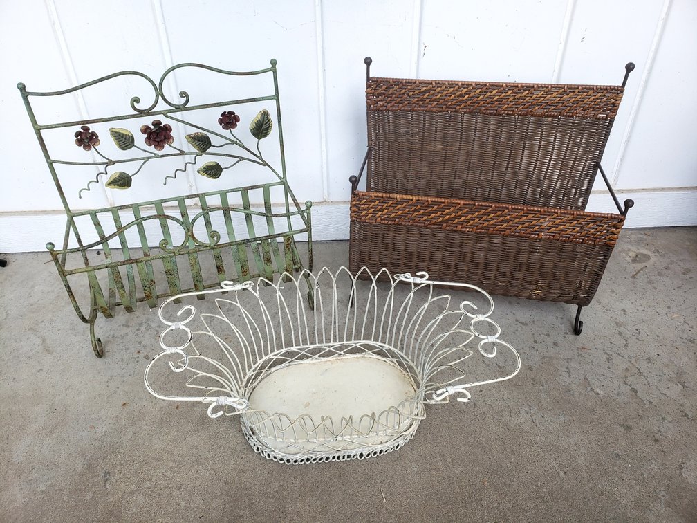 Metal and Wicker Magazine Racks and Wire Basket