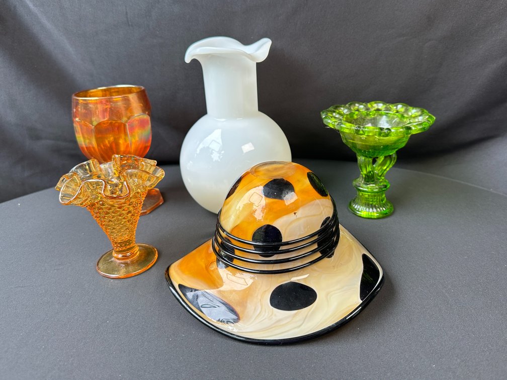 Art Glass Hat Bowl, Milk Glass Vase, and Glassware