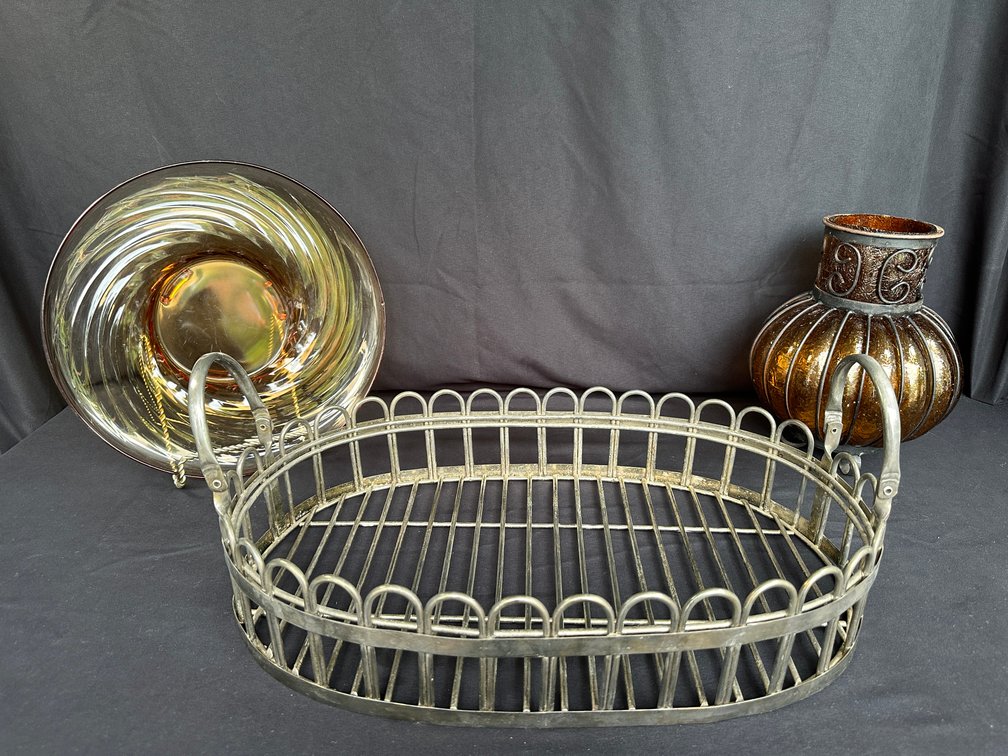 Amber Glass Caged Vase, Footed Bowl, and Wire Basket