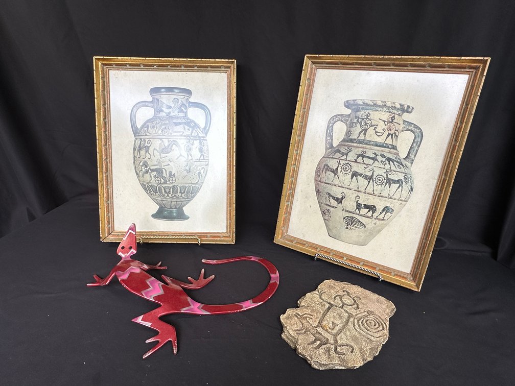 Framed Vase Prints, Stone Plaque, and Metal Lizard Wall Art