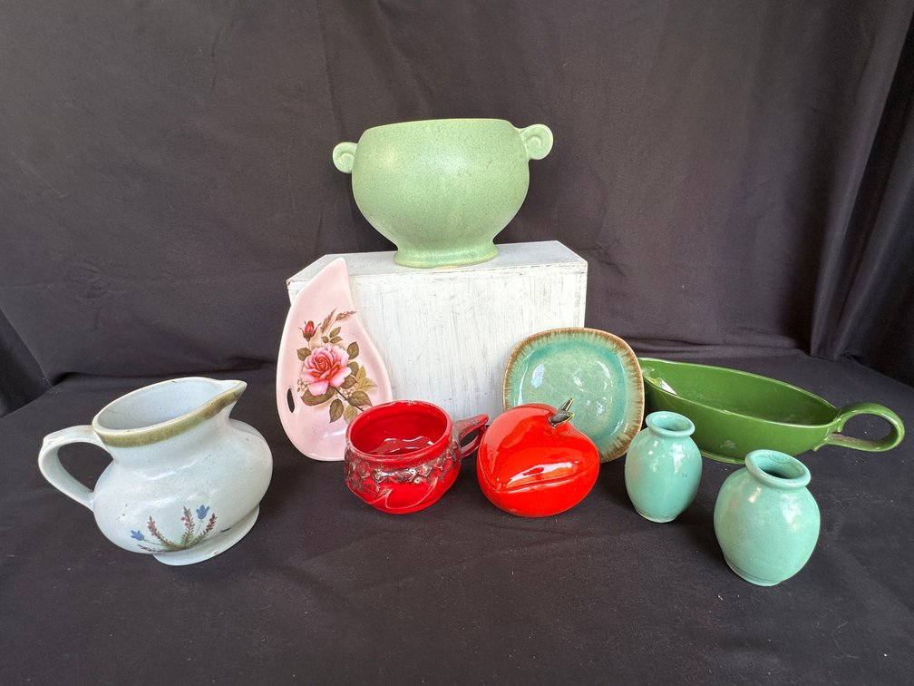 Glazed Ceramic Pitcher, Bowls, Dishes, and Vases