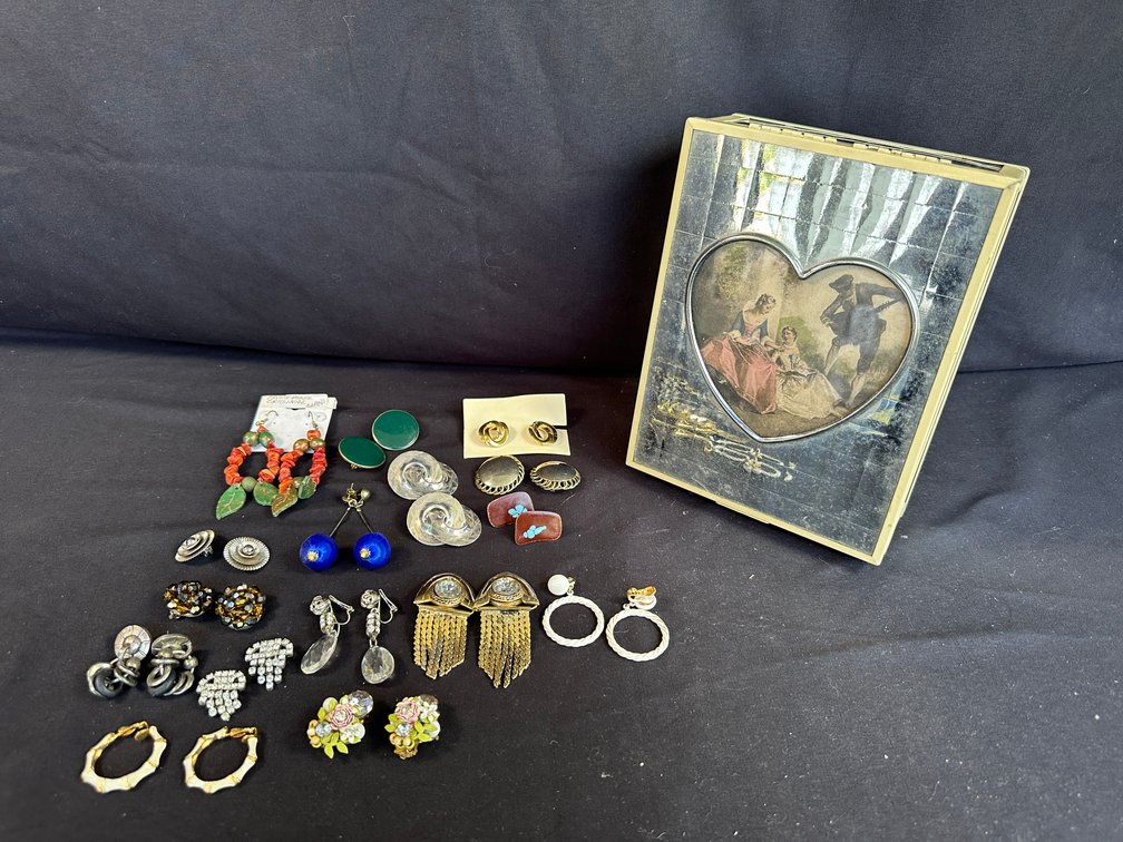 Costume Earrings and Mirrored Trinket Box
