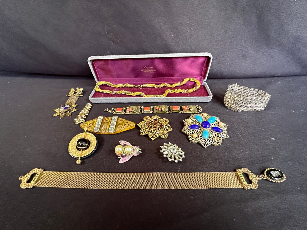 Costume Jewelry Brooches, Bracelets, and Necklace