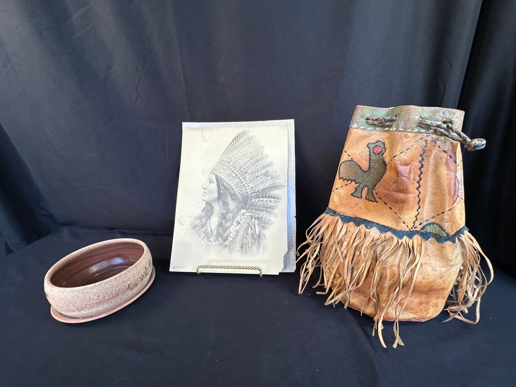 Portrait Print, Ceramic Planter, and Fringed Leather Bag