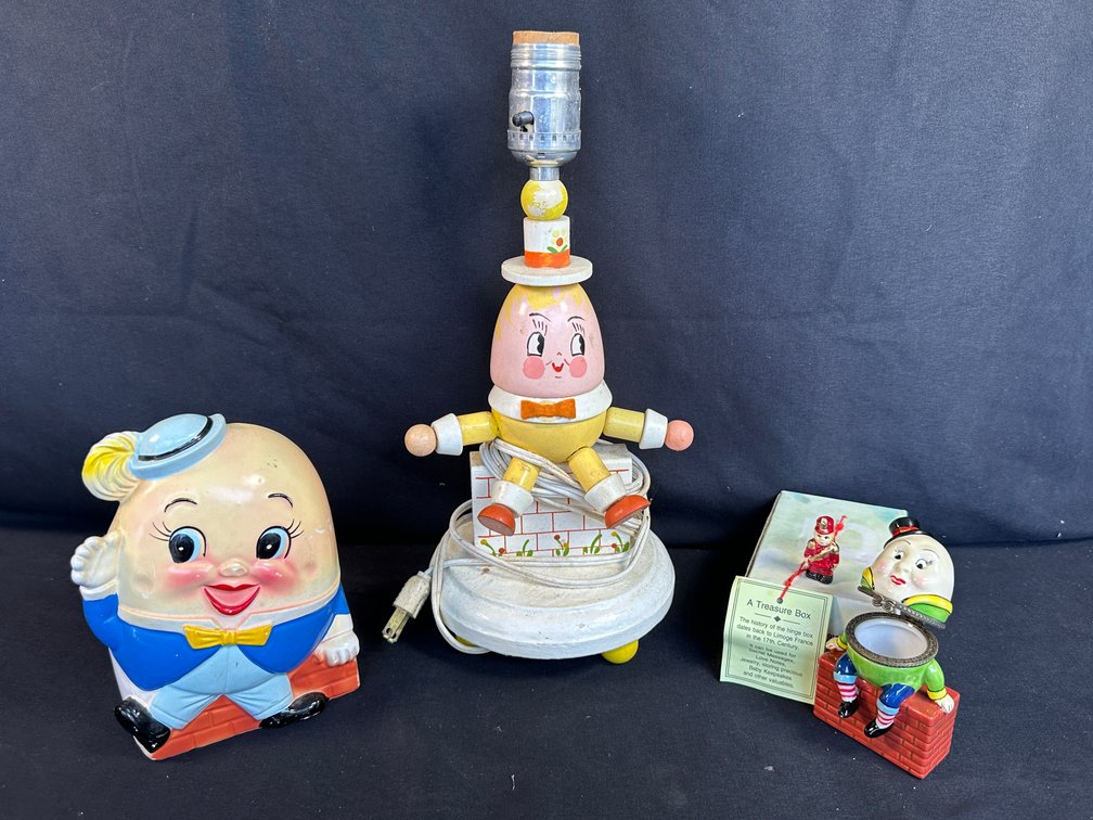 Humpty Dumpty Lamp, Planter Figurine, and Trinket Box