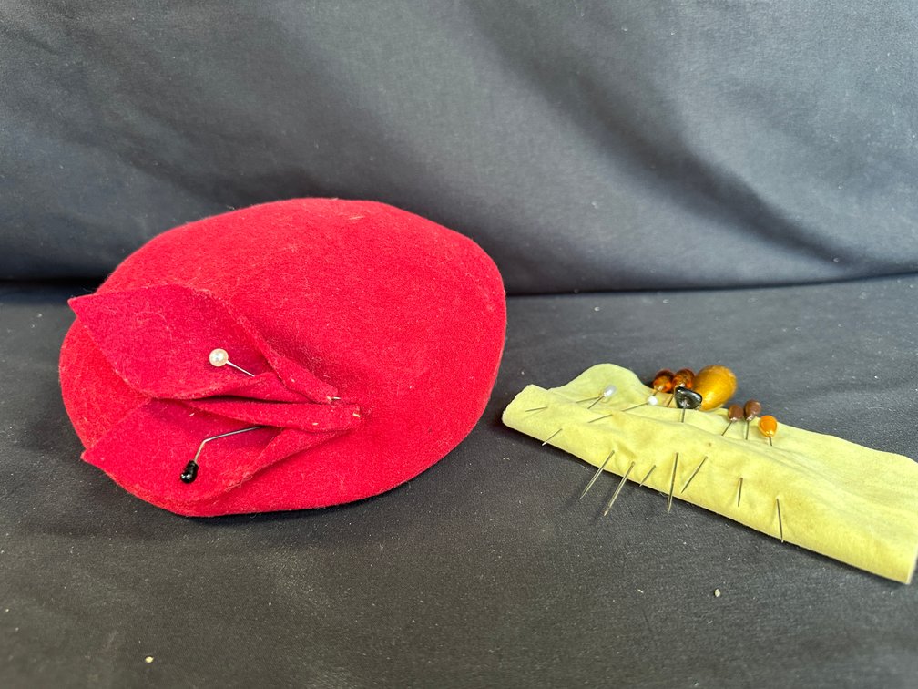 Red Wool Felt Hat and Decorative Hatpins